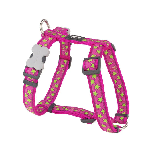 Dog H-Harness Design Stars Lime on Hot Pink